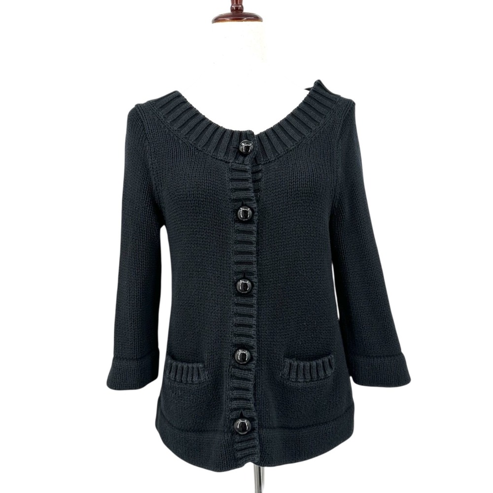 BANANA REPUBLIC Cardigan Sweater Black Boatneck Cotton‎ Wool 3/4 Sleeves SMALL